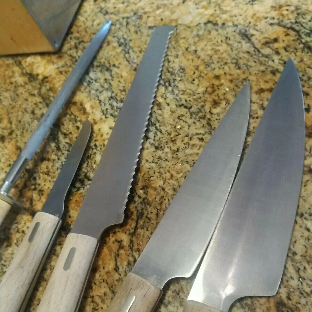 RARE IKEA 5 Wood Handle Knives 6 Piece Set Including Stainless Wood Block